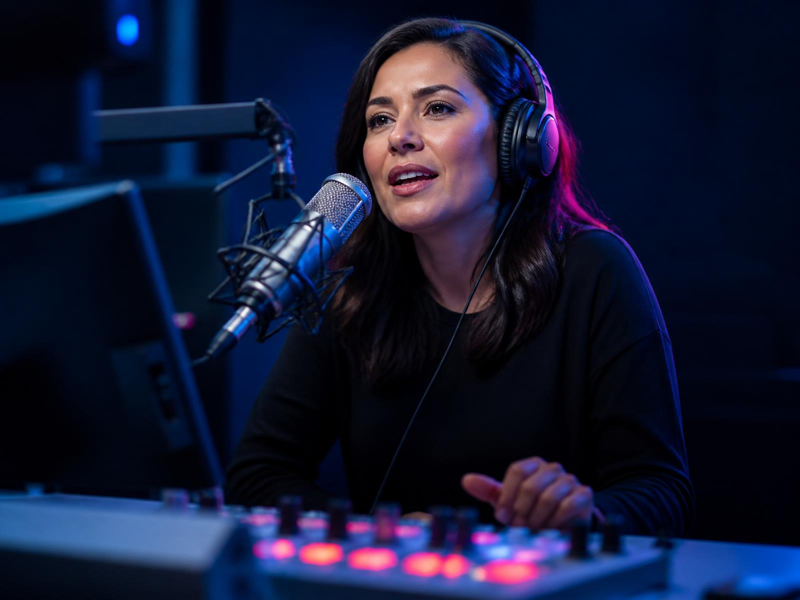 Locutora transmitiendo en vivo en un estudio de radio profesional